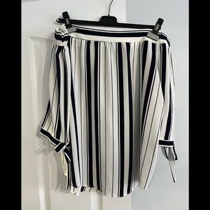 Blue and while off the shoulder 3/4 length sleeves blouse